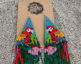 Tropical Parrot Fun Colorful Seed Bead Fringe Earrings