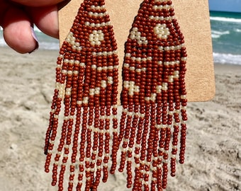 BOHO Brown and Beige Dangle Seed Bead Fringe Earrings