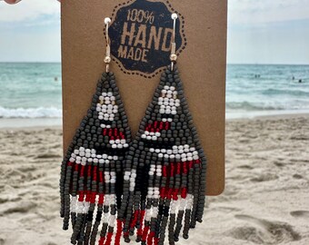 Handmade Seed Bead Snake Earrings | Slate, White & Red Fringe