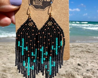 Southwest Desert Aqua Blue Seed Bead Fringe Earrings || Starry Night || Cactus Saguaro Style
