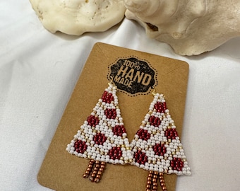 Christmas Tree Red White and Gold Sparkle Seed Bead Earrings