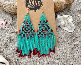 Aqua Red Sunburst Seed Bead Fringe Earrings