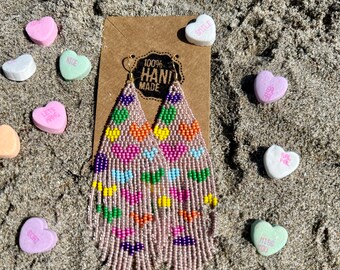 Handmade Beaded Heart Earrings | 18K Gold Hooks, Colorful Fringe