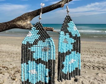Handmade Seed Bead Fringe Earrings | Blue Poppy Flower Design