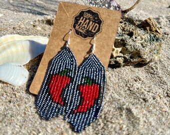 Handmade Red Chili Seed Bead Fringe Earrings, Southwest Style