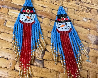 Holiday Snowman with Red Scarf Earrings w Gold Fringe