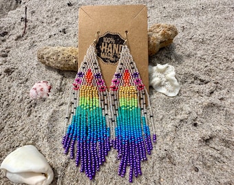 Handmade Seed Bead Fringe Earrings | Rainbow Ombre, Birthday Gift