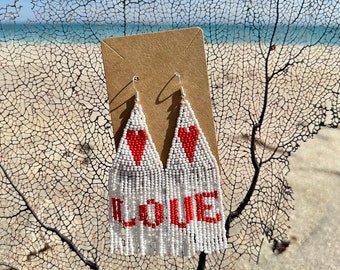 Red Heart Seed Bead Fringe Earrings, Valentines Day Gift