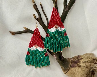 Holiday Red Green Gold Gnome Earrings