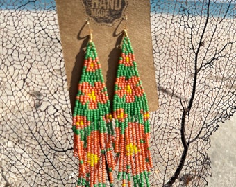 Handmade Seed Bead Fringe Earrings | Peach Flower, Green & Yellow