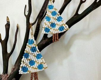 Christmas Tree Blue White and Gold Sparkle Seed Bead Earrings