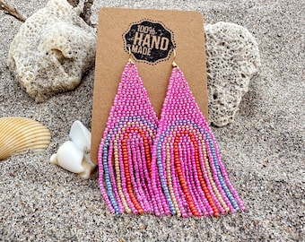 Pink Blue BOHO Rainbow Dangle Seed Bead Fringe Earrings