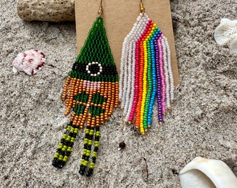 Fun Gnome St Patrick’s Day Earrings || Seed Bead Fringe || Leprechaun || Rainbow