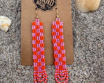 Pink Orange Boho Checkered Dangle Seed Bead  Earrings