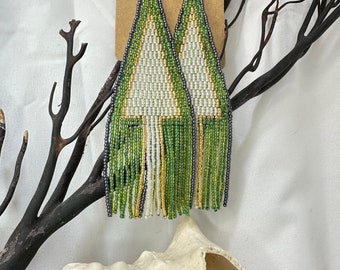 Elegant Shimmering Christmas Tree Gold Green Party Style Seed Bead Fringe Dangle Earrings