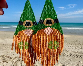 St Patrick's Day Gnome Earrings | Beaded Shamrock Dangles