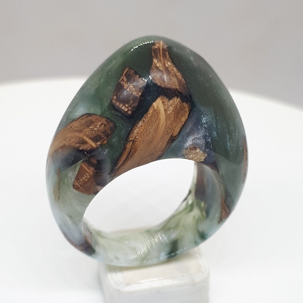 Bague Epoxy Goutte d'eau, avec éclat de chêne T57