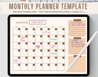 Plantilla de planificador mensual sin fecha / Diseño de modo neutro / Página de planificador mensual / Planificador digital mensual / Planificador de iPad / Planificador GoodNotes