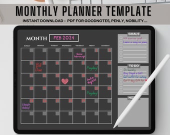 Plantilla de planificador mensual sin fecha / Diseño en modo oscuro / Página de planificador mensual / Planificador digital mensual / Planificador de iPad / Planificador GoodNotes