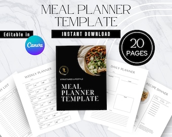 Plantilla de planificador de comidas / Planificador de comidas editable / Plantilla imprimible / Rastreador de comidas / Planificador de preparación de comidas / Lista de compras /