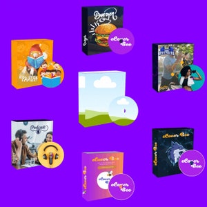 Pode incluir: Uma coleção de capas de livros coloridas com uma variedade de temas, incluindo crianças, fitness, podcasts, hambúrgueres e natureza. Cada capa apresenta um design único e inclui o texto "eCover Bee".