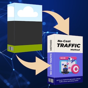 Pode incluir: Uma caixa azul e roxa com o texto "No-Cost TRAFFIC Method" e uma ilustração de desenho animado de uma pessoa sentada em frente a um computador com um megafone e um alvo. O texto "20 Proven Method to generate website Traffic without spending a dime" está na parte inferior da caixa.