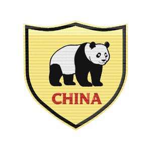 May include: A yellow shield-shaped patch with a black and white panda bear and the word "CHINA" in red letters.