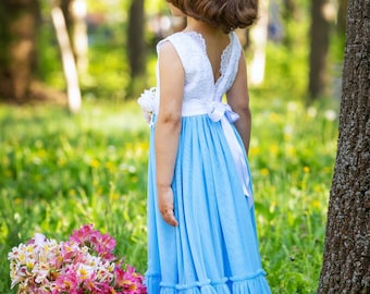 Flower girl dress, Boho flowergirl dress, Rustic dress,flowergirl dress,V-Back dress,Tulle toddler dress, Tulle Flower girl,Lace girl dress