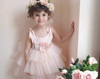 Abito da ragazza di fiori, ragazza di fiori in tulle, ragazza del primo compleanno, abito di compleanno per ragazze, abito per bambini in tulle, abito per bambini, abito Boho, abito rustico