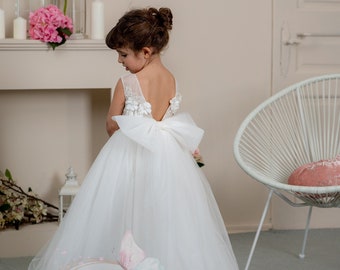 Robe de demoiselle d'honneur, demoiselle d'honneur en tulle, robe en tulle pour fille, robe de communion, robe pour fillette ivoire, robe dans le dos en V, robe pour fillette en tulle, robe pour tout-petit en tulle