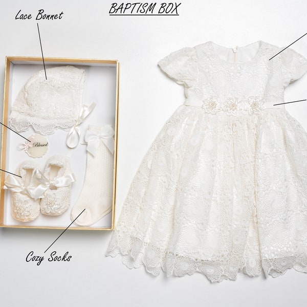 Christening/Baptism girl gift outfit, Blessing Baptism box, Ivory Baptism dress, Lace Baptism dress, Baptism dress gift box,Christening gown