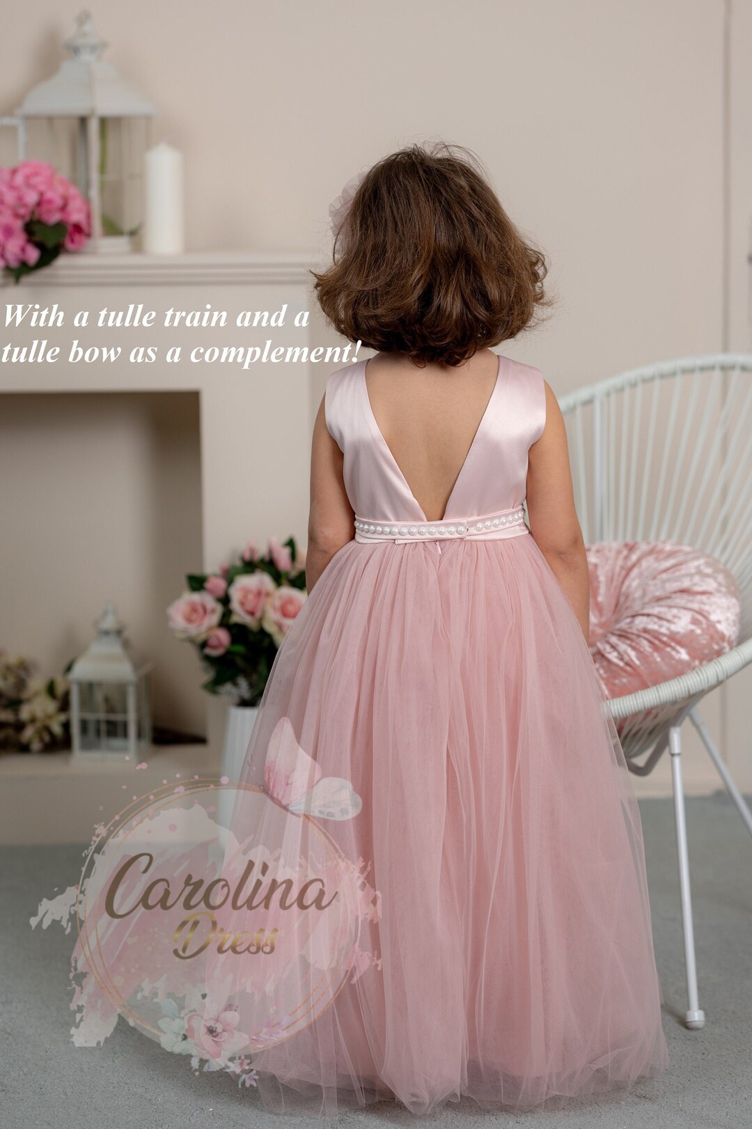 Girls Glitter Tulle Communion Dress with Floral Bodice & Bow