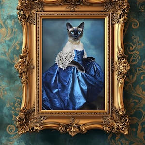 Regal Siamese Cat Portrait, Digital Art Print, Historical Pet Painting, Instant Download A3 format