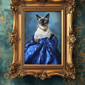 Victorian Siamese Cat Portrait, Royal Blue Gown, Digital Art Print A3