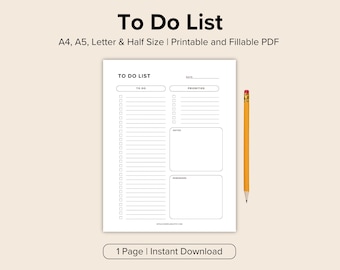 Lista de tareas imprimible, minimalista, plantilla de lista de tareas sencilla, tamaño A4/A5/carta/media página, PDF imprimible y rellenable, rastreador de prioridades