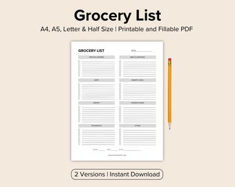 May include: A printable grocery list template in PDF format. The list is divided into categories such as fruits & vegetables, dairy, pantry, frozen foods, household, and other. The template is available in A4, A5, Letter, and half sizes.