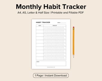 May include: A black and white printable monthly habit tracker with a checklist for each day of the month. The tracker is designed for A4, A5, Letter, and Half sizes. The text "HABIT TRACKER" is at the top of the page.