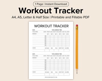 Workout Tracker Printable, Daily Exercise Log, Fitness Journal, Workout Planner, Fitness Planner, A4/A5/Letter/Half Size, Instant Download