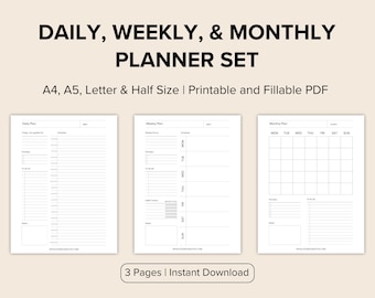 May include: Printable daily, weekly, and monthly planner pages in black and white. The pages are designed for A4, A5, Letter, and Half sizes. The text "3 Pages | Instant Download" is at the bottom of the image.
