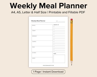 Weekly Meal Planner with Grocery List Printable Template, 7 Day Menu Plan, Food Planner, Health & Fitness, A4/A5/Letter/Half