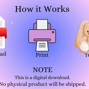 May include: An infographic titled "How it Works" shows a PDF icon with "Download", a pink printer with "Print", and a plush bunny with "TOYS". The note states "This is a digital download. No physical product will be shipped."