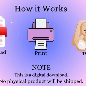 Puede incluir: Un gr&aacute;fico instructivo titulado How it Works que muestra un icono PDF blanco con una barra de descarga roja, una impresora morada etiquetada como Print y un conejo de peluche beige etiquetado como TOYS. Texto inferior: NOTE This is a digital download.