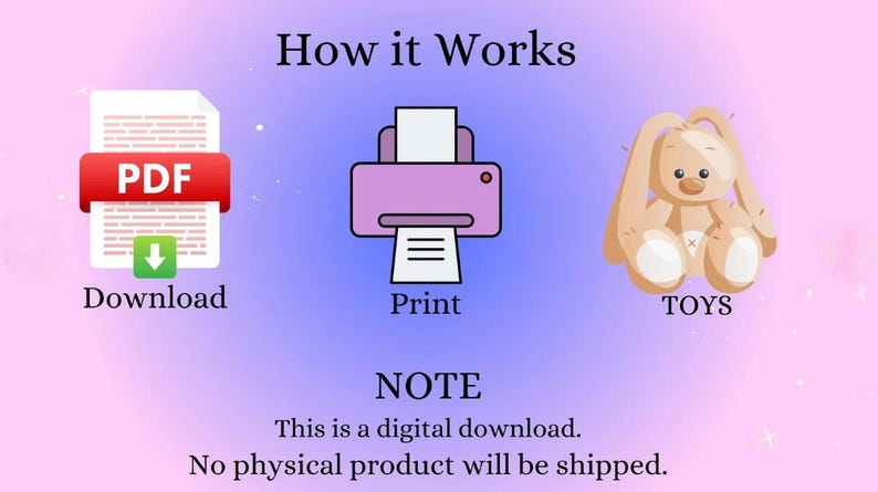 Puede incluir: Un gr&aacute;fico instructivo titulado How it Works que muestra un icono PDF blanco con una barra de descarga roja, una impresora morada etiquetada como Print y un conejo de peluche beige etiquetado como TOYS. Texto inferior: NOTE This is a digital download.
