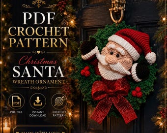 May include: A handmade crochet Christmas Santa wreath ornament. The wreath features a red Santa hat, a white beard, and a red bow. The text on the image reads "PDF Crochet Pattern Christmas Santa Wreath Ornament".