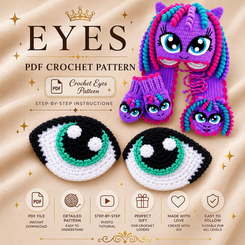 May include: A crochet pattern for making eyes, a scarf, and mittens. The pattern includes step-by-step instructions. The image shows a purple scarf and mittens with a unicorn design, and two crochet eyes. The text says "EYES PDF CROCHET PATTERN".