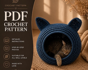 Patrón PDF de casita de gato a crochet: cama para mascotas DIY, regalo para amantes de los gatos
