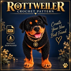 Może przedstawiać: Wzór szydełkowy szczeniaka Rottweilera z tekstem ROTTWEILER CROCHET PATTERN, Create Your New Best Friend, PDF oraz INSTANT DOWNLOAD. Obraz przedstawia czarno-podpalane szydełkowane szczenię noszące złotą obrożę z łańcuszka z zawieszką w kształcie łapy.