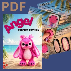 Puede incluir: Un patr&oacute;n de ganchillo en PDF digital titulado Angel que muestra una criatura de peluche rosa con orejas largas, ojos negros y una nariz peque&ntilde;a. El documento incluye instrucciones paso a paso, texto e im&aacute;genes del montaje.