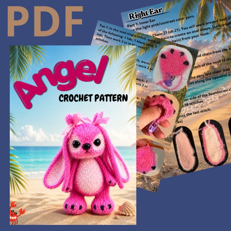 Puede incluir: Un patr&oacute;n de ganchillo en PDF digital titulado Angel que muestra una criatura de peluche rosa con orejas largas, ojos negros y una nariz peque&ntilde;a. El documento incluye instrucciones paso a paso, texto e im&aacute;genes del montaje.