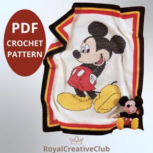 May include: A cream-colored crochet blanket featuring Mickey Mouse. The blanket has a black, red, and yellow border. A small Mickey Mouse plush toy sits next to the blanket. The image also includes the text "PDF CROCHET PATTERN".